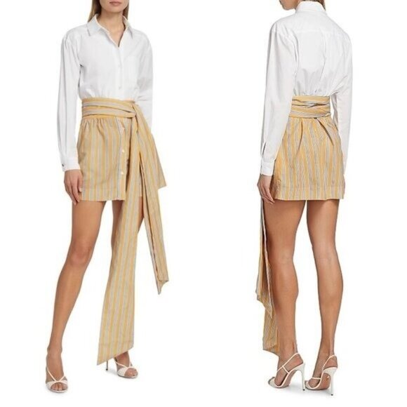 TOCCIN X RTR. Fiona Combo Bow Tie Waist Shirt Dress Marigold Stripe - Picture 1 of 8